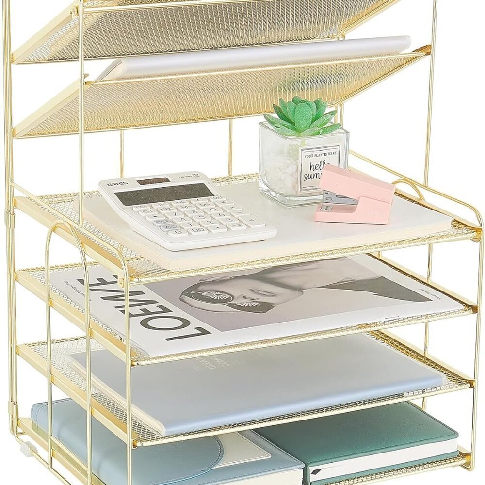 Gold 6-Tier Mesh Desktop File Organizer for Efficient Workspace Management
